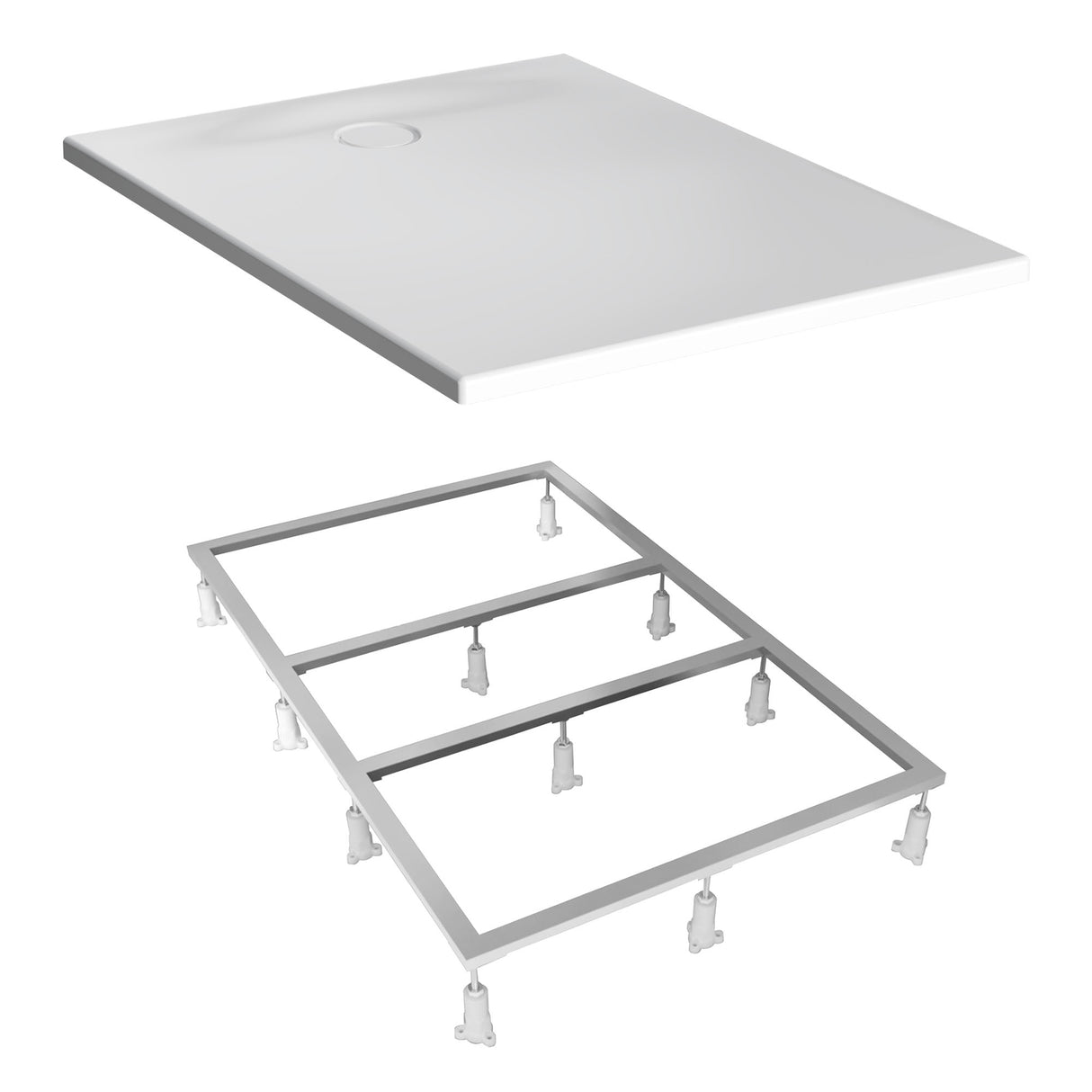 Receveur de douche blanc marque Geberit avec cadre de support en métal, type sanitaire.