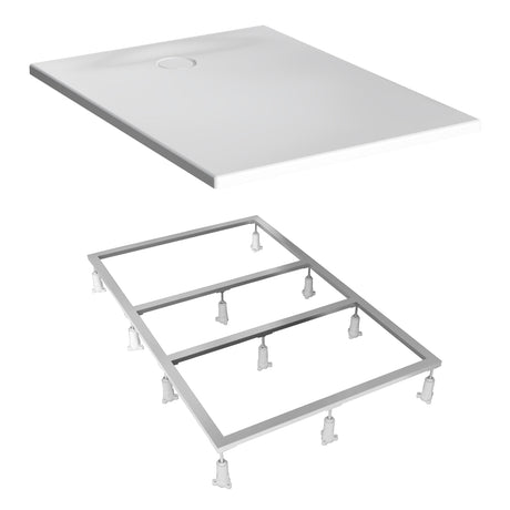 Receveur de douche blanc marque Geberit avec cadre de support en métal, type sanitaire.