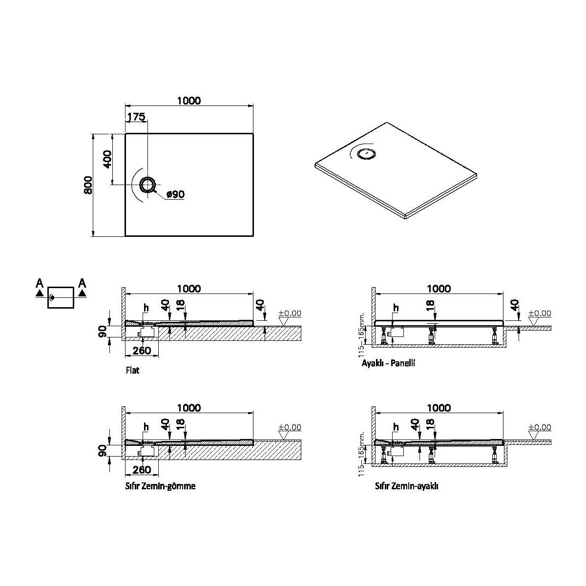 Receveur de douche blanc, marque VitrA, dimensions rectangulaires 100x80 cm, schéma technique.
