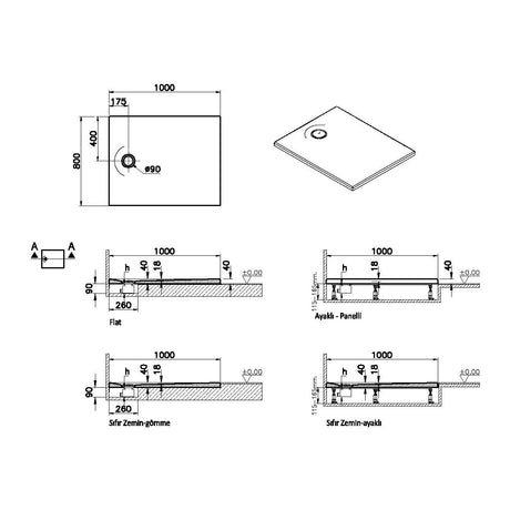 Receveur de douche blanc, marque VitrA, dimensions rectangulaires 100x80 cm, schéma technique.