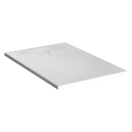 Receveur de douche blanc marque Geberit, design plat et moderne, rectangulaire.