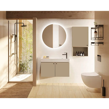 Meuble de salle de bain beige, marque Geberit, avec armoire et vasque moderne.