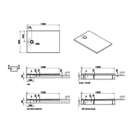 Receveur de douche blanc marque Vitra, dimensions 120x80 cm, schéma technique.