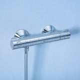 Mitigeur thermostatique de douche Grohe chromé, robinetterie murale brillante gouttes d'eau