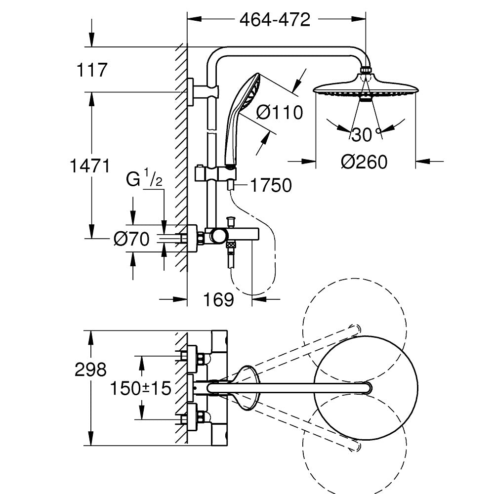 GROHE Colonne de douche 3 jets avec mitigeur thermostatique bain-douche Euphoria System 260 27475001