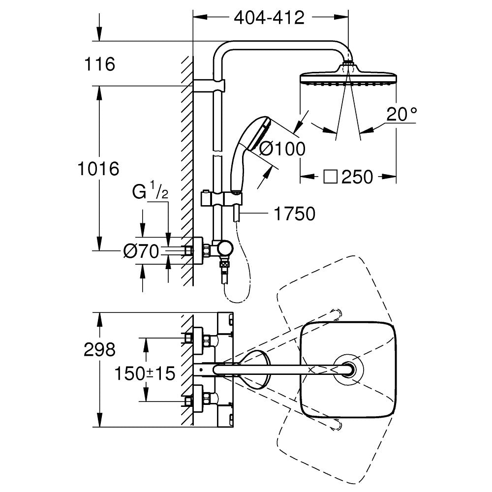 GROHE Colonne de douche 2 jets avec mitigeur thermostatique Vitalio Start System 250 Cube 26696000