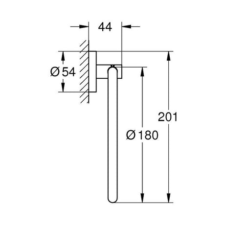Schéma technique Grohe, barre d'appui murale, inox, dimensions 201x180 mm indiquées.