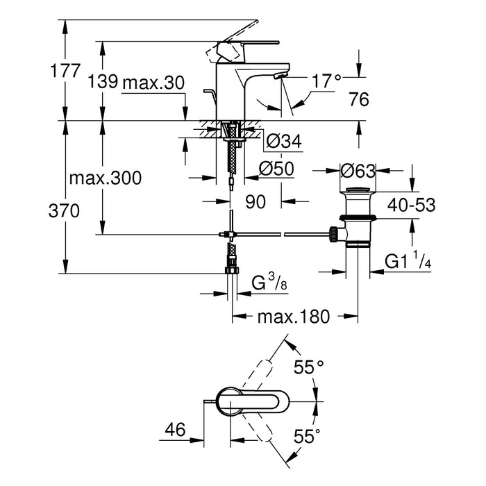 GROHE QuickFix Get Mitigeur monocommande Lavabo Taille S avec tirette et vidage