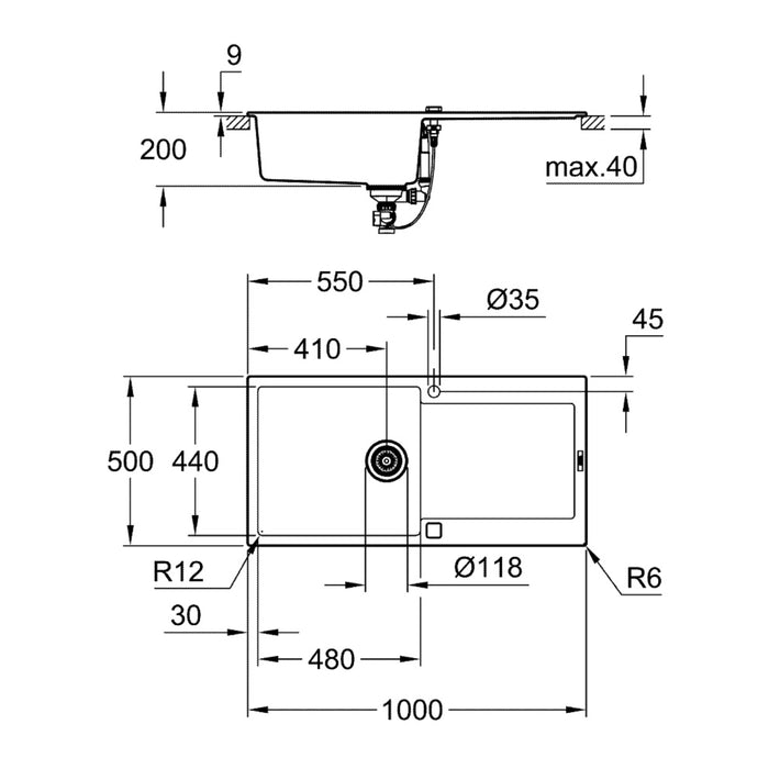 Evier cuisine GROHE K500 composite 1 bac avec égouttoir - 1000mm x 500mm - granite noir