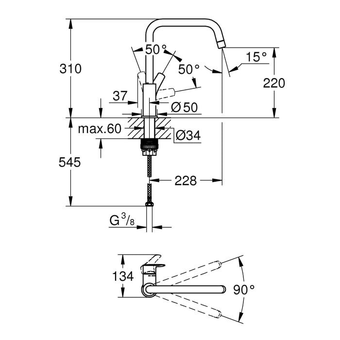 GROHE Eurosmart mitigeur Bec haut en U pour évier