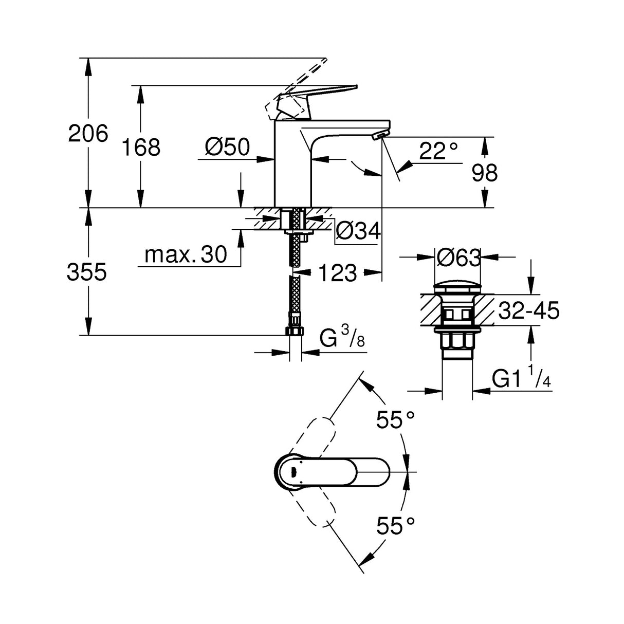 GROHE Mitigeur lavabo Quick Fix Get monocommande taille M noir mat avec bonde clic-clac