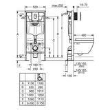 Schéma technique bâti-support WC Grohe, châssis métallique, couleur gris.
