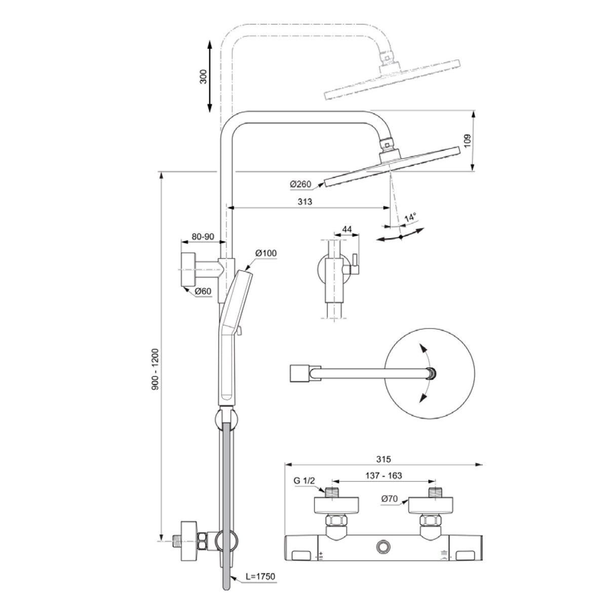 Colonne de douche Ø26cm hauteur ajustable CERATHERM T25 Chrome et blanc