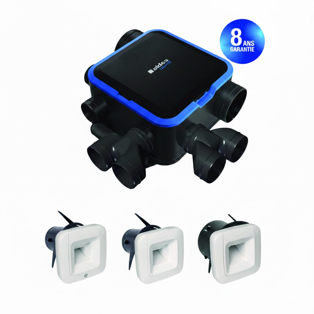 Kit VMC simple flux ALDES EasyHOME Hygro Compact Premium HP+ avec 3 bouches, ventilation mécanique contrôlée efficace et compacte.