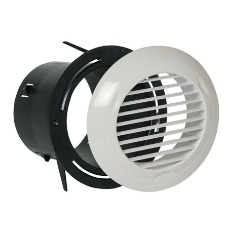 Bouche d’aération Aldes, grille blanche, système de ventilation, design rond.