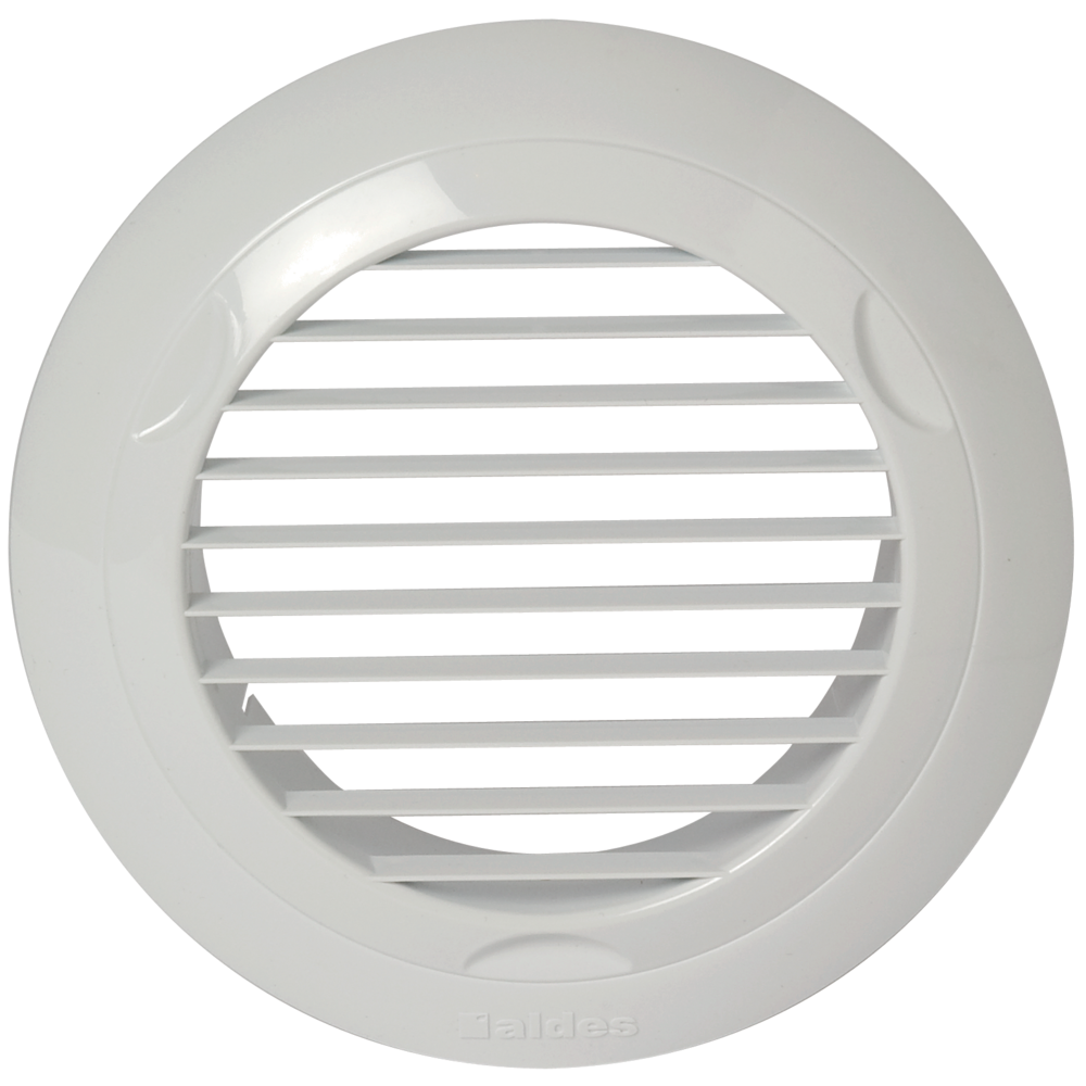 Grille de ventilation blanche Aldes, ronde et à lamelles horizontales.