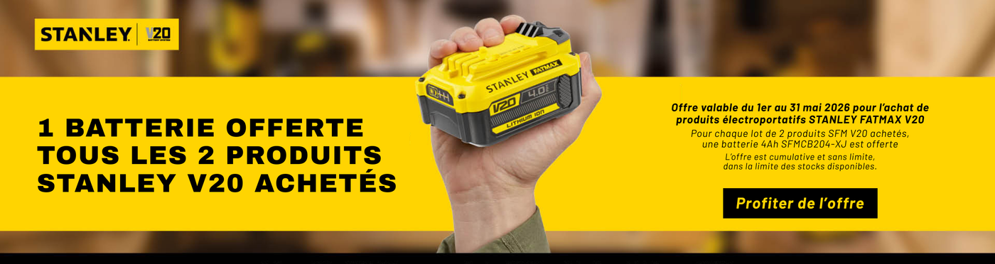 Une batterie 4Ah offerte pour l'achat de 2 produits V20 STANLEY