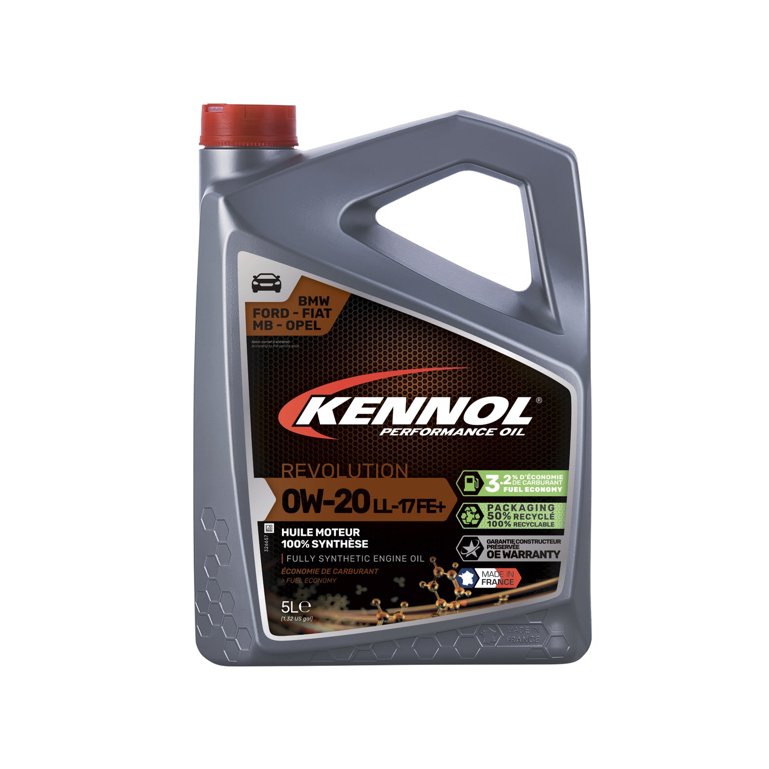 Bidon gris de 5L d'huile moteur synthétique KENNOL Revolution 0W-20 LL-17 FE+
