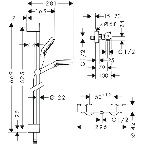 Schéma technique Grohe, colonne de douche chrome avec dimensions détaillées