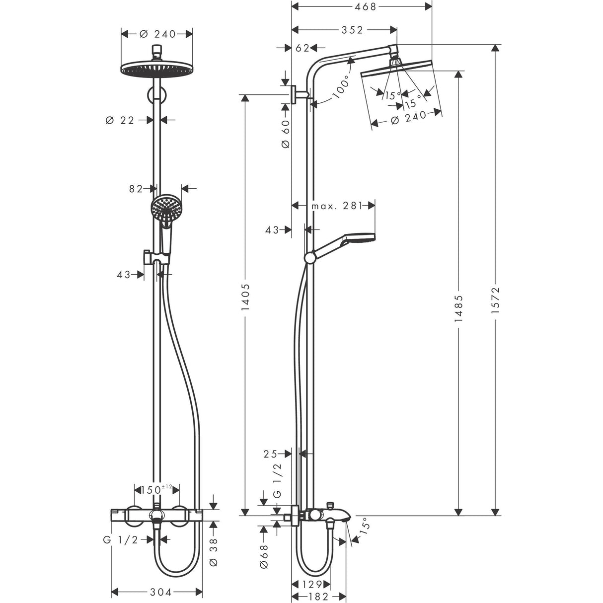 HANSGROHE Colonne de douche 240 1 jet Crometta S avec mitigeur bain douche Ecostat Comfort 27320000