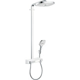 Colonne de douche Hansgrohe, ensemble de douche chromé avec pommeau et tête de douche, couleur argentée.