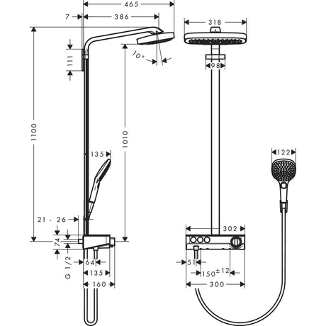 Schéma technique de colonne de douche Grohe, finition chromée, avec douchette et pommeau rond.