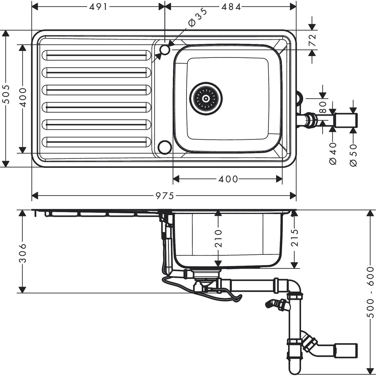 HANSGROHE Evier encastré avec égouttoir en acier inoxydable S4113-F400 43338800