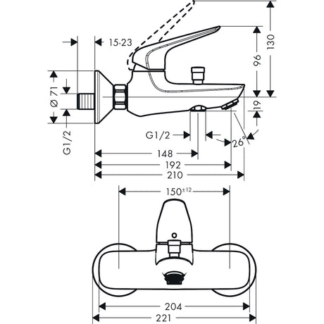 Schéma technique mitigeur de baignoire Grohe, robinetterie chrome, dimensions précises