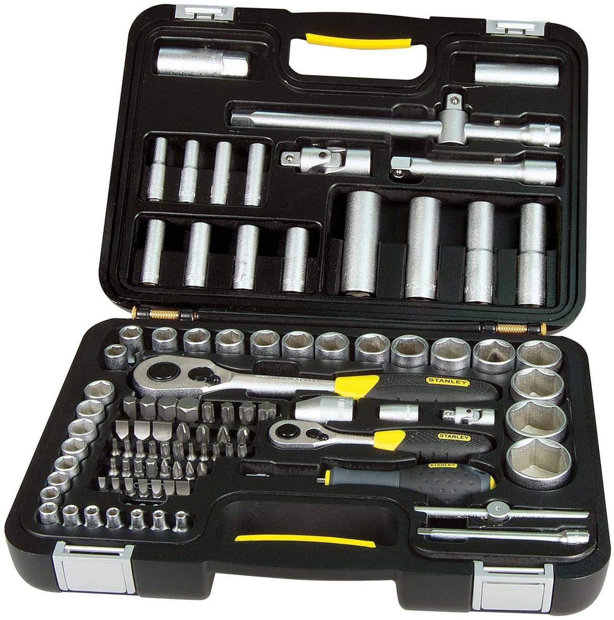 Coffret à douilles Stanley, outillage main, couleur noir et jaune, avec cliquets et embouts.