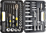 Coffret à douilles Stanley, outillage à main, couleur noir et jaune, assorti d'embouts et cliquets.