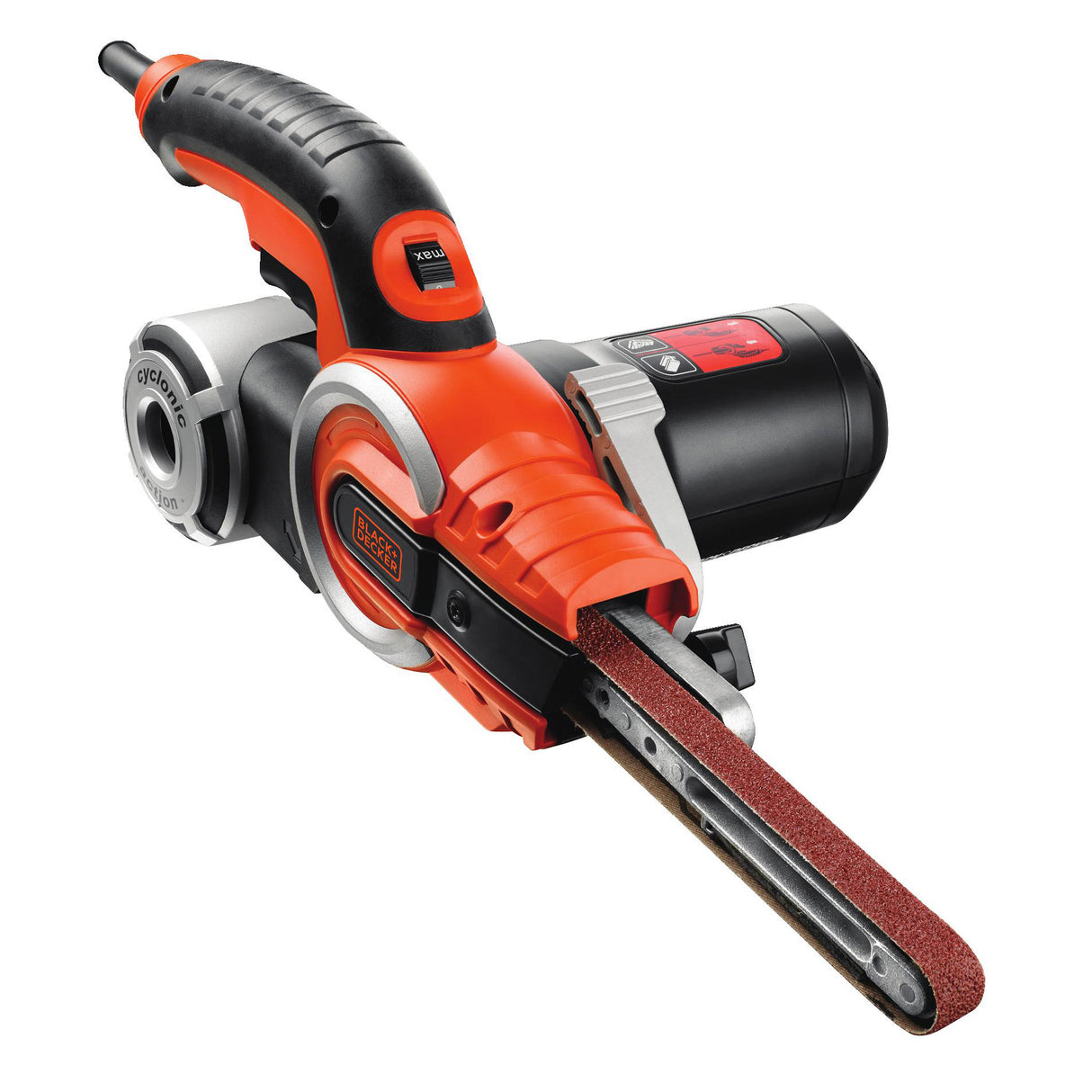 Ponceuse à bande Black+Decker, outil électroportatif, couleur orange et noire.