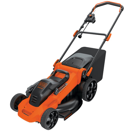 Tondeuse à gazon Black+Decker, couleur orange et noire, robuste et moderne.