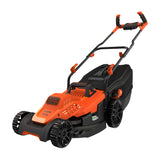 Tondeuse à gazon Black+Decker, électrique, couleur orange et noire.