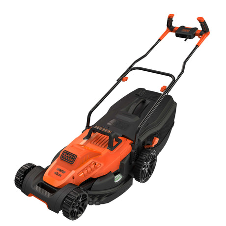 Tondeuse à gazon BLACK+DECKER, électrique, orange et noire, avec guidon ergonomique.