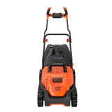 Tondeuse à gazon BLACK+DECKER électrique orange et noire, largeur de coupe 38 cm.