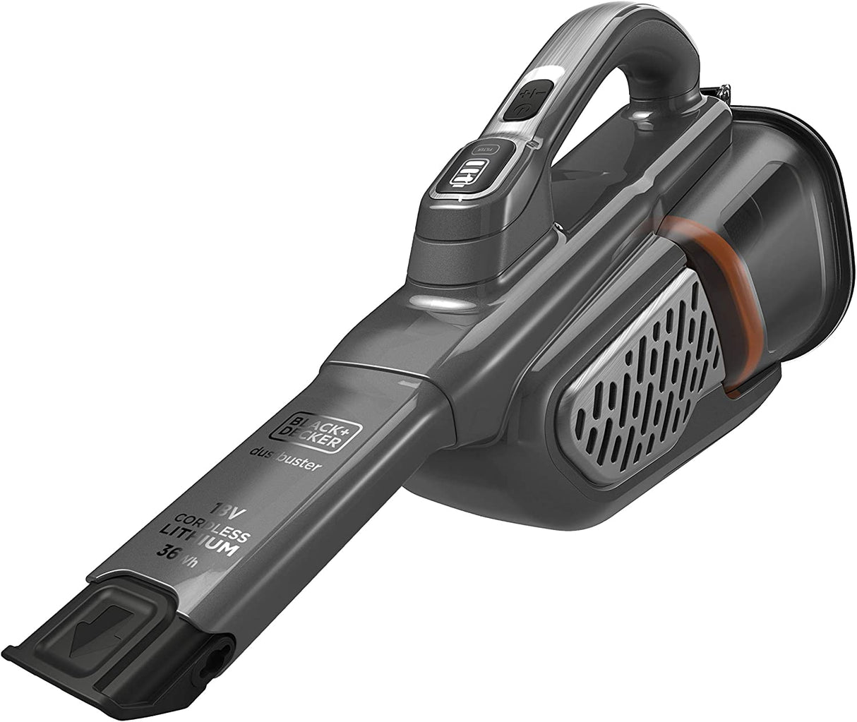 Aspirateur à main Black+Decker, sans fil, couleur gris, compact et ergonomique.