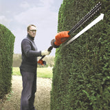 Taille-haie Black+Decker orange utilisé pour tailler une haie verte