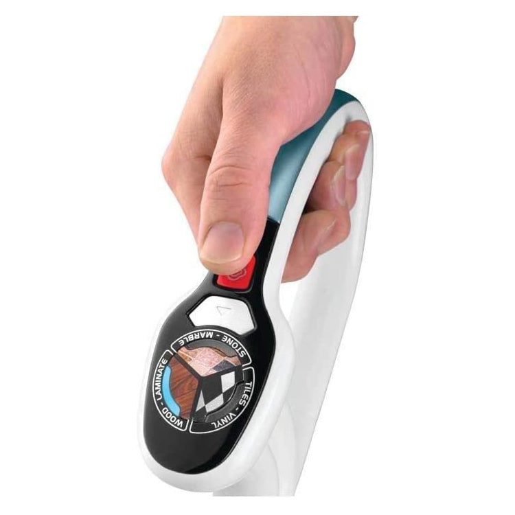 Poignée blanche du balai vapeur Black+Decker avec commande et indication de type de sol, couleur blanc et noir