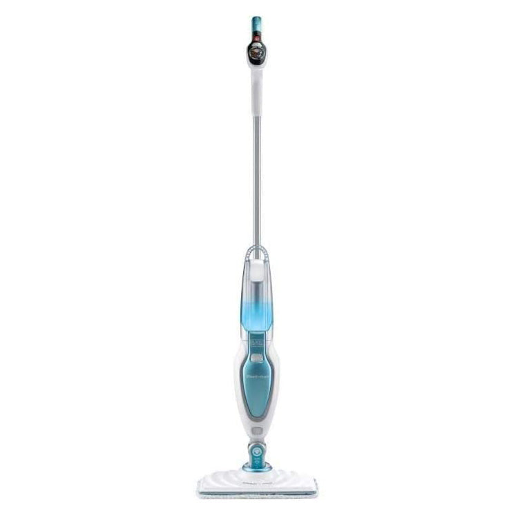 Balai vapeur BLACK+DECKER, nettoyeur sol, blanc et bleu, modèle vertical.