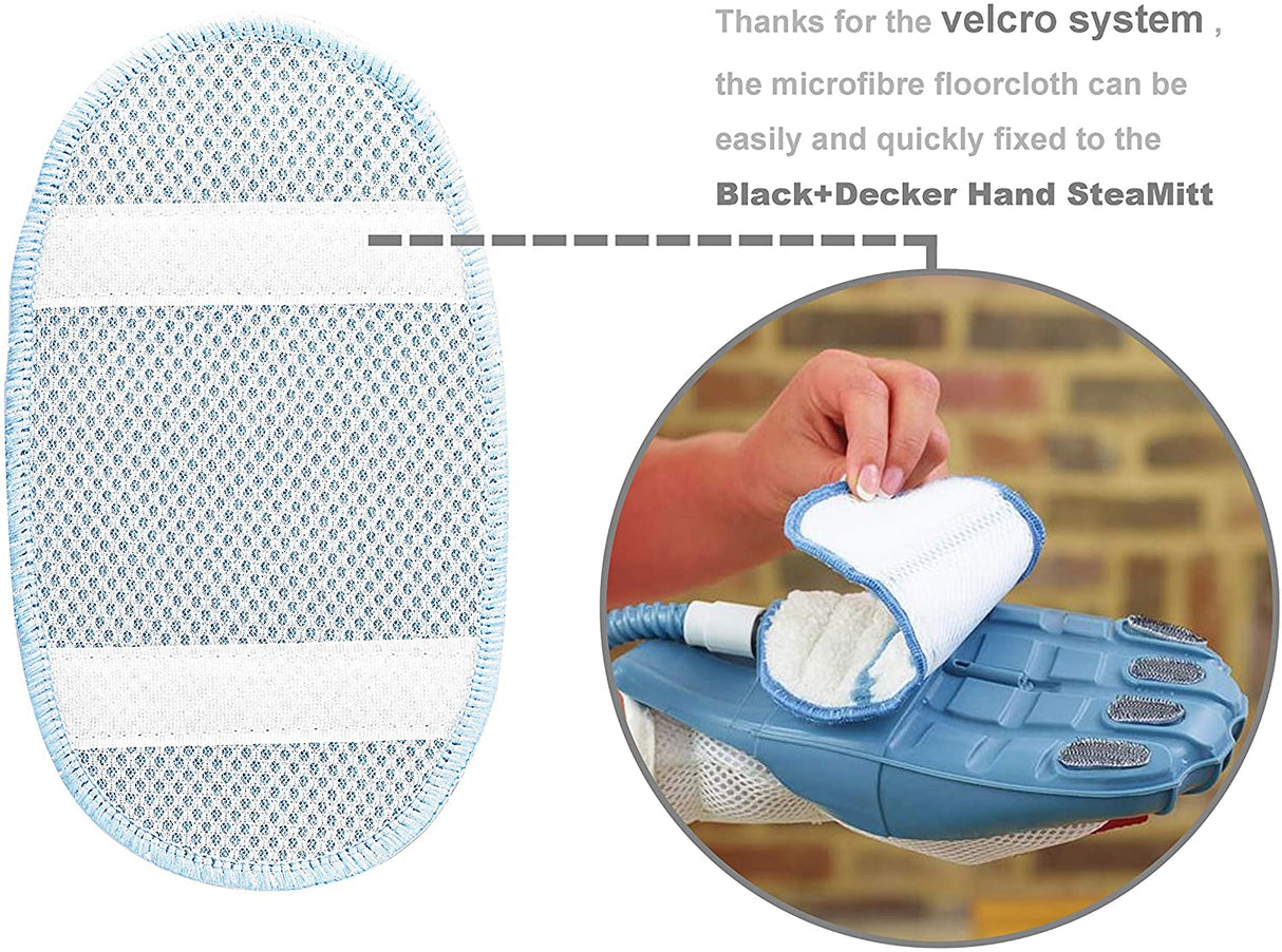 Gant vapeur Black+Decker, accessoire nettoyage microfibre, blanc et bleu.
