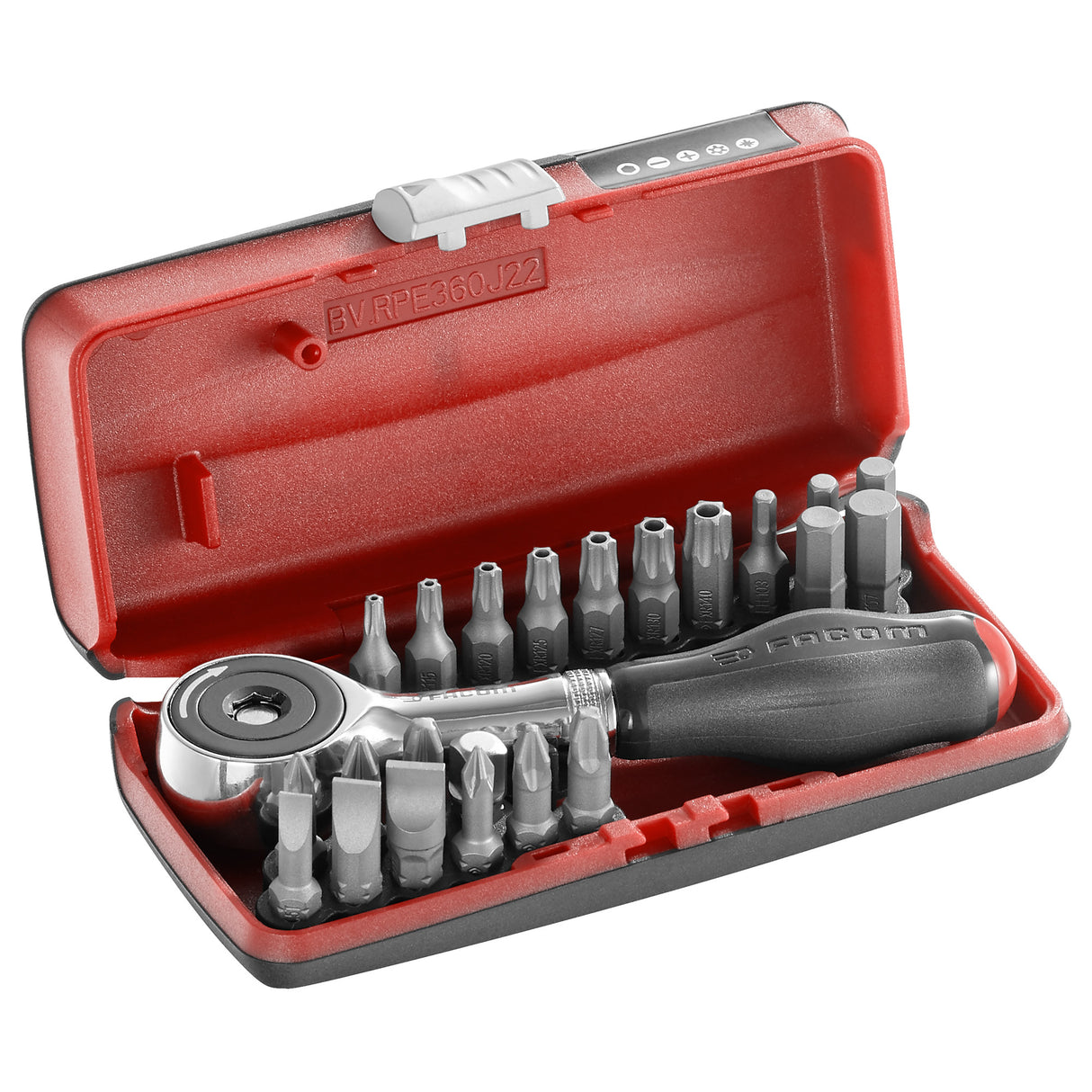 FACOM Coffret porte embout à cliquet manche rotatif et 22 embouts de vissage R.PE360J22PB