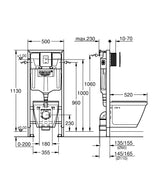 Schéma technique bâti-support WC Grohe, couleur blanche, dimensions et raccordements indiqués
