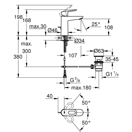 Robinet mitigeur Grohe argent, schéma technique avec dimensions détaillées.