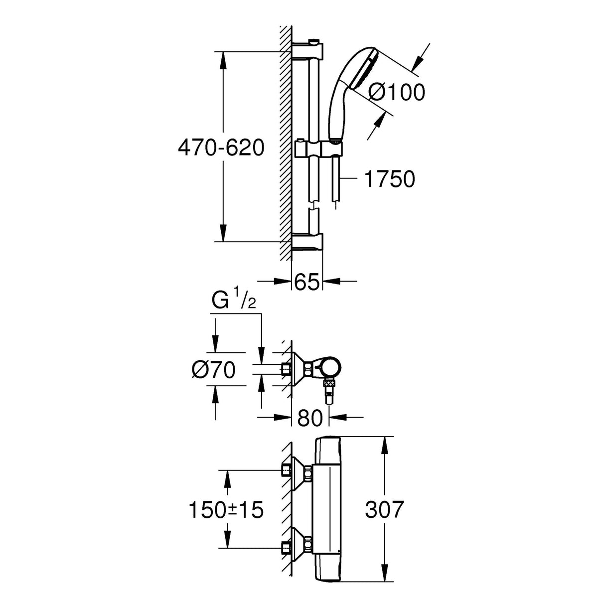 GROHE Set de douche 3 jets avec mitigeur thermostatique Precision Trend 34237002