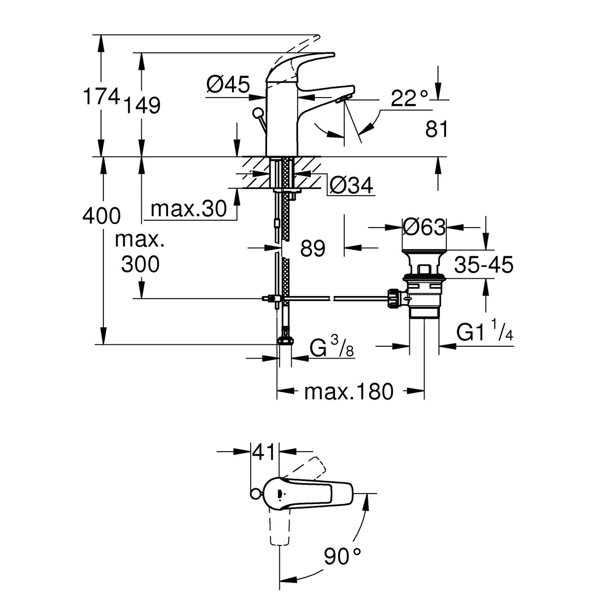 GROHE Mitigeur de lavabo taille S Start Curve 23765000