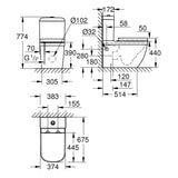 Plan technique WC Grohe blanc, schéma détaillé avec dimensions pour installation sanitaire.