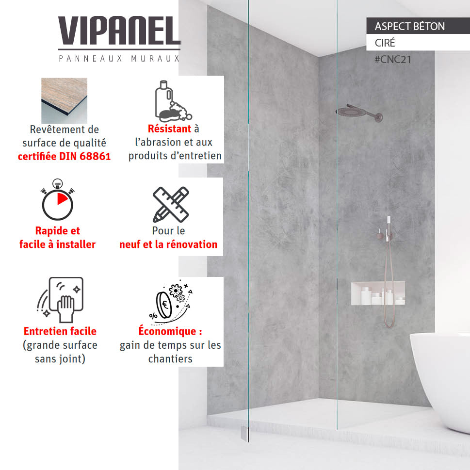 Panneau mural VIPANEL, type mur, couleur aspect béton ciré, installé dans une douche moderne.