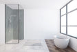 Paroi de douche Vipanel, type panneau mural, couleur pierre gris mat perle, installation salle de bain moderne.