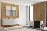Salle de bain moderne avec panneau mural VIPANEL, type parement mural, couleur bois chêne sauvage.