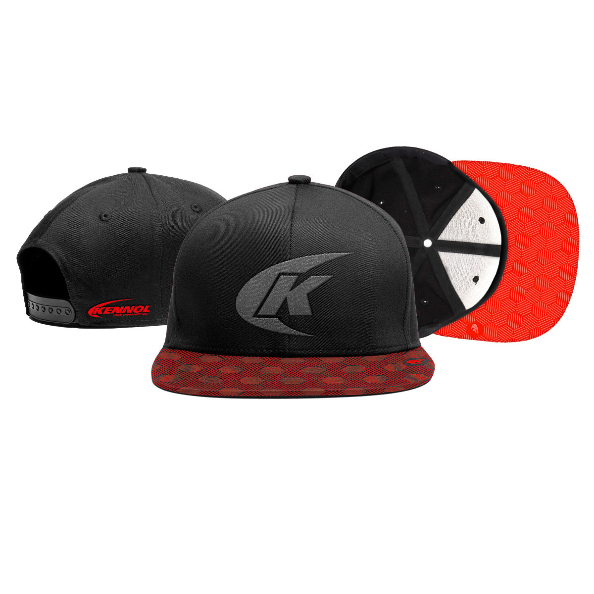 Casquette noir et rouge marque Kennol, visière plate, logo K sur le devant